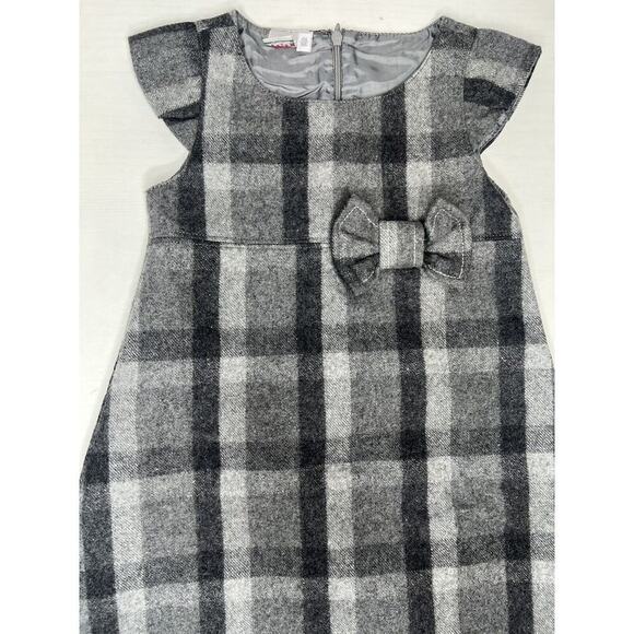 Girls Ido By Miniconf Plaid Wool Blend Dress Grey Plaid Bow 4T Short Sleeve NEW - Picture 2 of 6